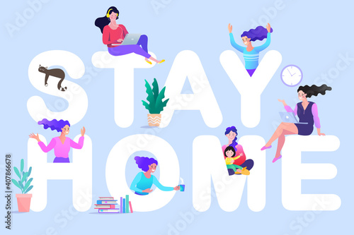 family smiling and staying together. Stay home, Stay safe concept. Save lives vector design sign concept. Stop Covid-19 Coronavirus. Trendy flat vector illustration.