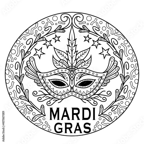 Hand drawn of mardi gras in zentangle style