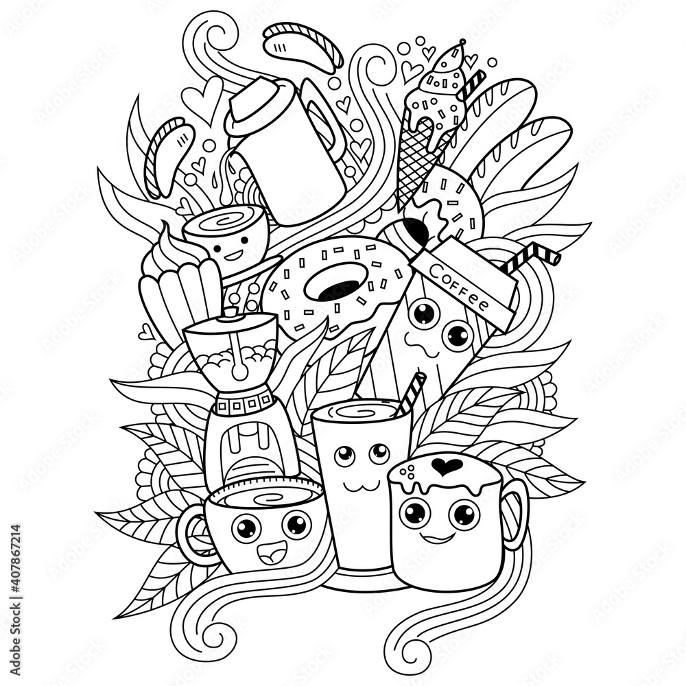 Hand drawn of Cute coffe collection in doodle style Hand drawn of Cute coffe collection in doodle style