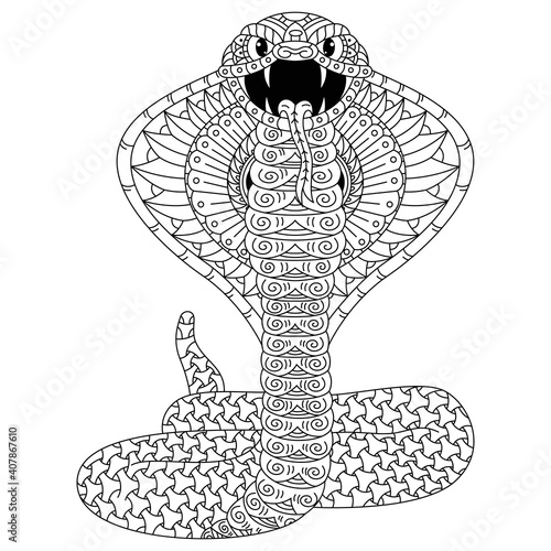 Hand drawn of cobra in zentangle style