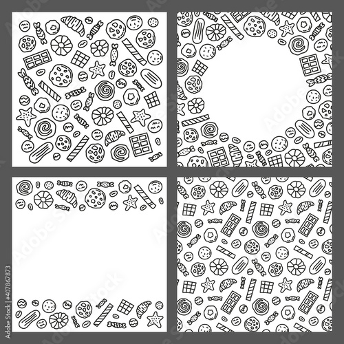 Set of cards with doodle outline cookies, waffles and candies isolated on grey background. Composition, poster and seamless pattern.