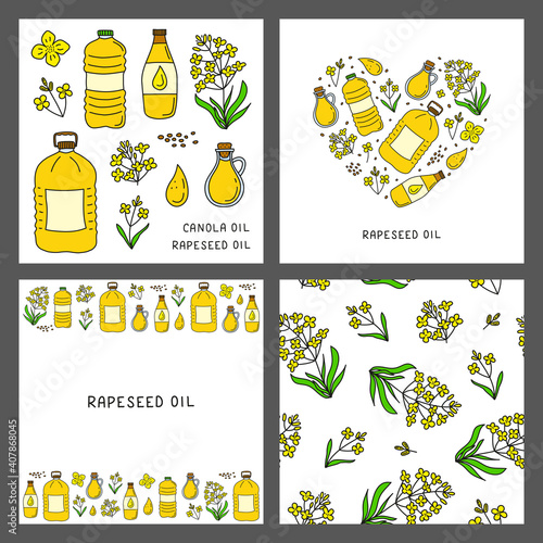 Set of cards with doodle colored canola or rapeseed oil, flowers isolated on grey background. Composition, poster and seamless pattern.