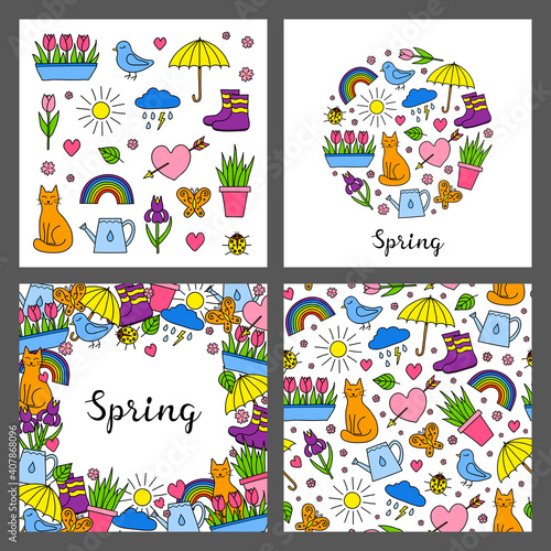 Set of cards with colored doodle seasonal spring icons isolated on grey background. Composition, poster and seamless pattern.