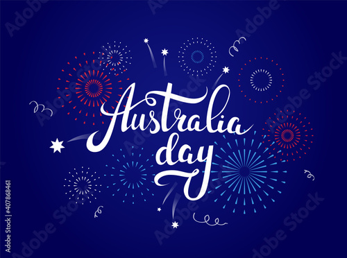Festive banner design for Australia Day celebration. National holiday greetings with calligraphic text and fireworks on blue background. - Vector