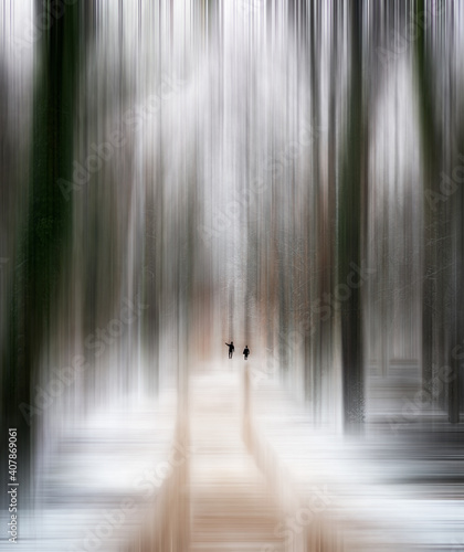 abstract photo of defocused snowy winter forest with adamski style motion blur