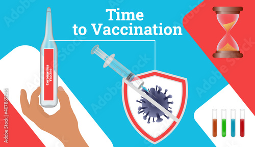 Time to vaccinate. Horizontal banner with hand holding medical vaccine,syringe,virus sign.Disease prevention Covid - 19. Stock vector illustration on blue isolated background.