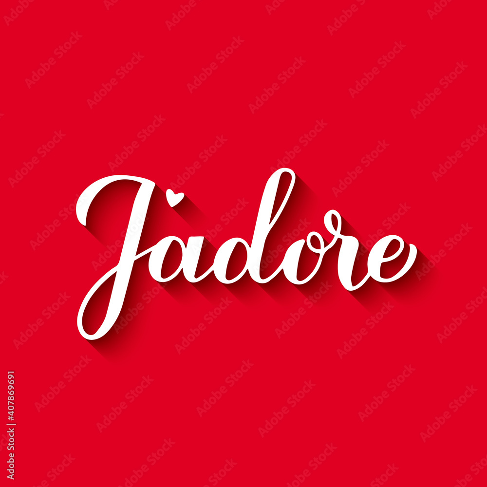 Naklejka premium J adore calligraphy hand lettering on red background. I adore inscription in French. Valentines day typography poster. Vector template for greeting card, banner, postcard, logo design, flyer, etc