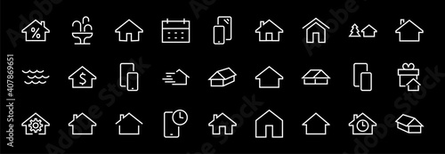 Simple set of line vector home icons. Contains house symbols at interest, infuse house and more. Editable stroke. 480x480 pixels perfect