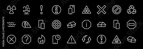 WARNINGS simple set of thin line vector icons. Contains icons such as warning, exclamation mark, reuse, warning sign and more. Editable stroke. Vector illustration