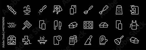 KITCHEN ICON Cooking process, Kitchen tools, Icon set, thin line vector has a blender, oven, knife, grater, barbecue, apron, barbecue, grill, coffee machine, kitchen glove, Editable stroke