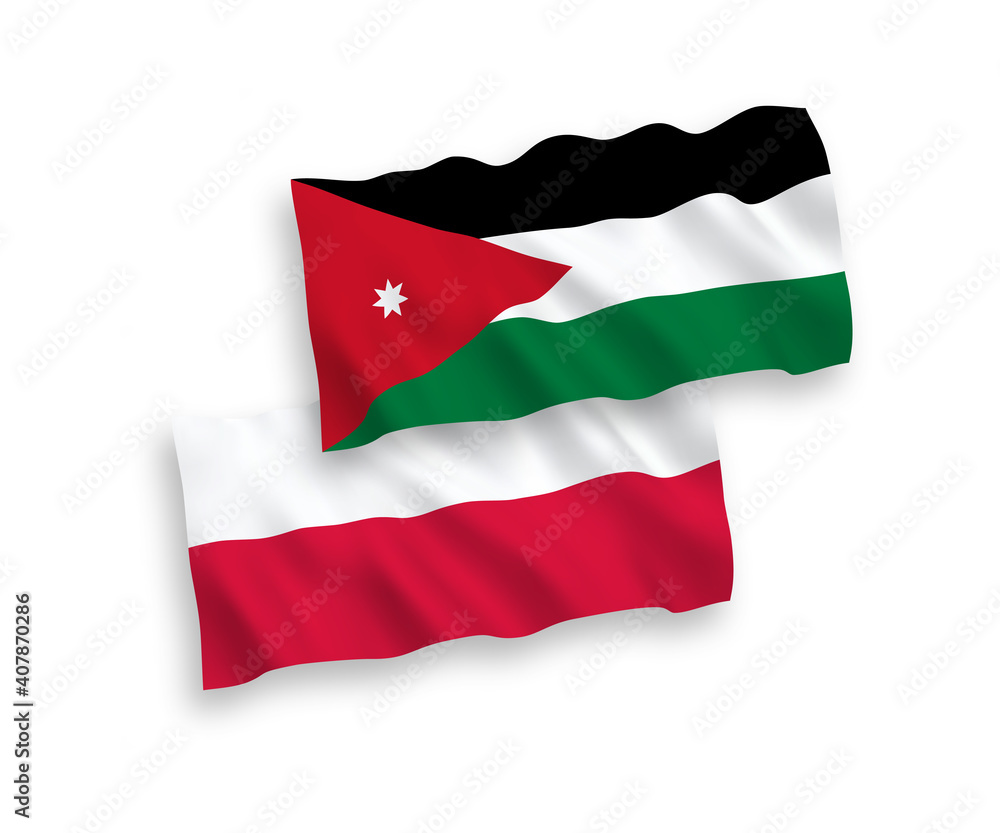 National vector fabric wave flags of Hashemite Kingdom of Jordan and Poland isolated on white background. 1 to 2 proportion. National vector fabric wave flags of Hashemite Kingdom of Jordan and Poland isolated on white background. 1 to 2 proportion.