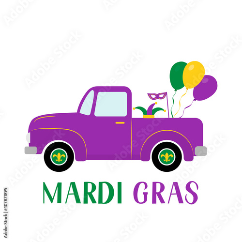 Mardi Gras truck. Fat Tuesday traditional carnival in New Orleans. Vector element of design for banner, flyer, party invitation, etc