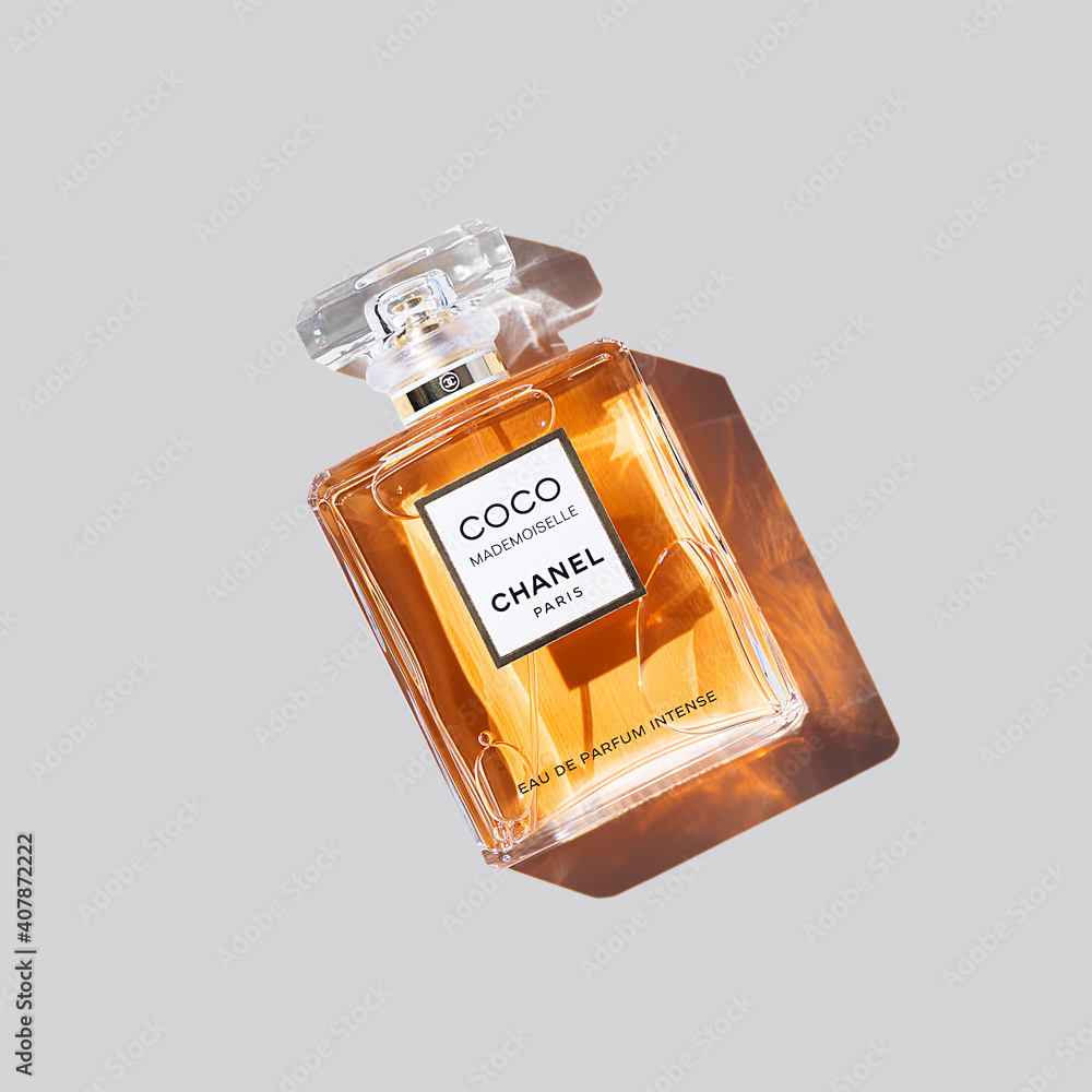 Chanel perfume bottle on a uniform gray background. Women's perfume shop. 2020-07-05 Samara. Stock Photo | Adobe Stock