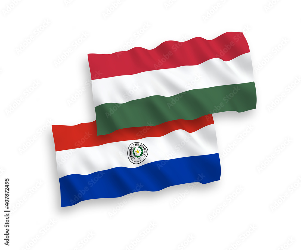 National vector fabric wave flags of Paraguay and Hungary isolated on white background. 1 to 2 proportion. National vector fabric wave flags of Paraguay and Hungary isolated on white background. 1 to 2 proportion.