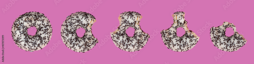 Colorful delicious donut in a row, bitten. Colorful delicious donut in a row, bitten.
