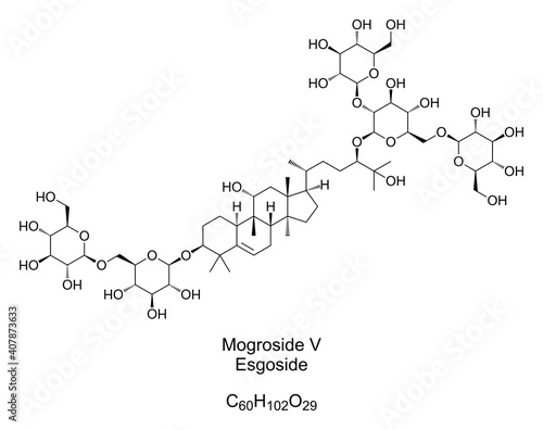 Mogroside V, esgoside, chemical formula and structure. Main component of the monk fruit extract, used as sweetener and sugar substitute, about 250 times stronger than table sugar. Illustration. Vector