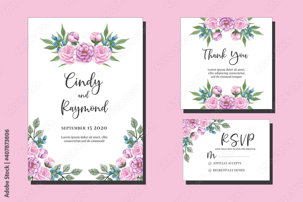Wedding invitation floral watercolor hand drawn Flowers design Invitation Card Template Printable Size
