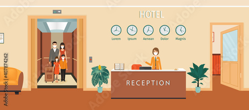 Hotel reception counter with receptionist. Resort hall interior design with woman employee, guests in medical masks and elevator. Cartoon characters. Vector illustration. Flat design.