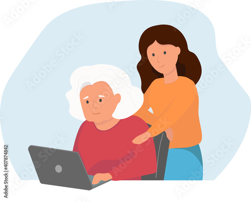 A girl, daughter, granddaughter helps an elderly woman understand the computer,  An old lady sits at a desk and learns to work on a laptop. The concept of generational communication. Vector graphics