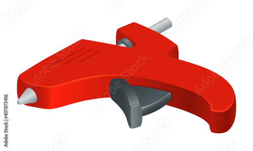 Isometric vector illustration of red electric hot glue gun with glue sticks isolated on white background. Realistic hot glue gun  vector icon in flat cartoon style.