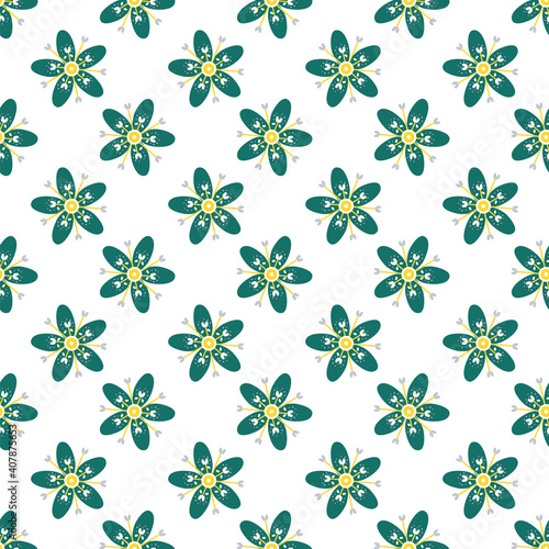 Vector illustration of green tropical flowers seamless repeat pattern on a white background.