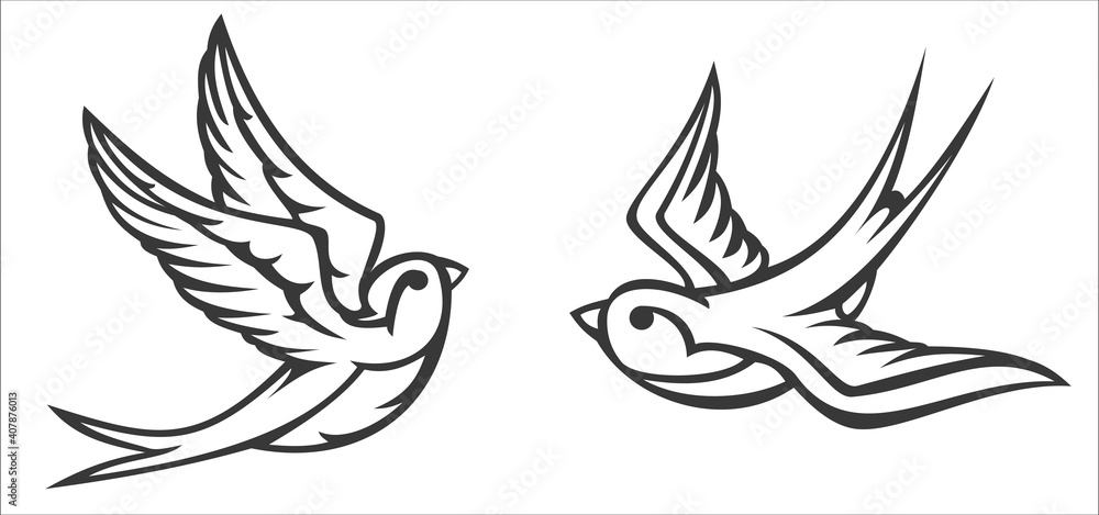 Cartoon flying monochrome swallow isolated on white background. Design bird in retro vintage style for old school tattoo, label, poster. Vector illustration. Cartoon flying monochrome swallow isolated on white background. Design bird in retro vintage style for old school tattoo, label, poster. Vector illustration.