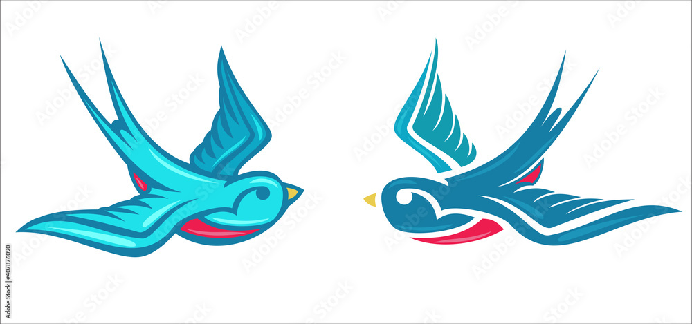 Cartoon flying color swallow isolated on white background. Design bird in retro vintage style for old school tattoo, label, poster. Vector illustration.