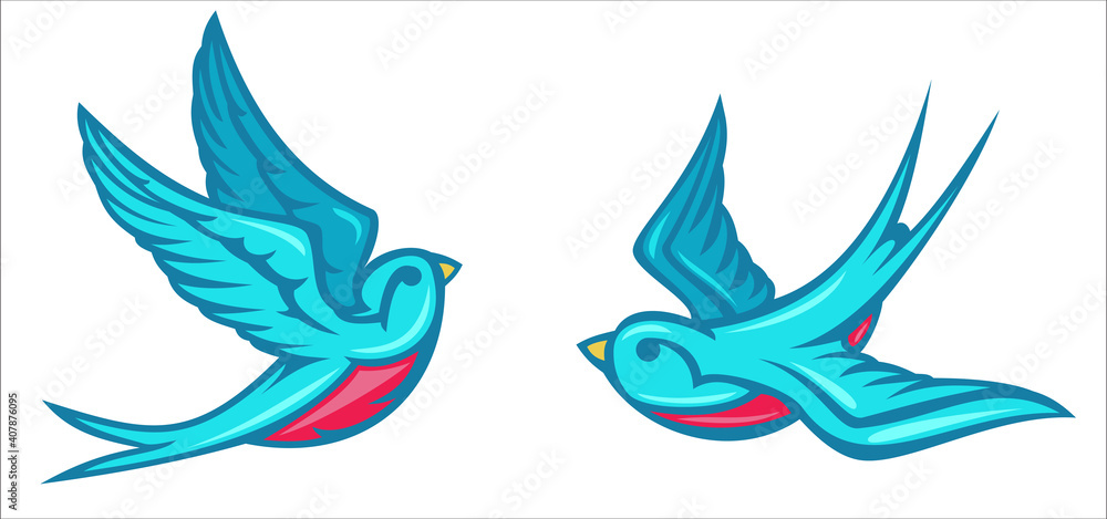 Cartoon flying color swallow isolated on white background. Design bird in retro vintage style for old school tattoo, label, poster. Vector illustration. Cartoon flying color swallow isolated on white background. Design bird in retro vintage style for old school tattoo, label, poster. Vector illustration.