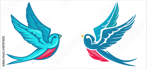 Cartoon flying color swallow isolated on white background. Design bird in retro vintage style for old school tattoo, label, poster. Vector illustration.