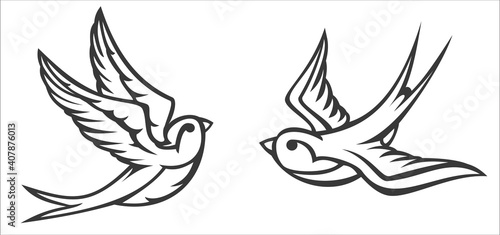 Cartoon flying monochrome swallow isolated on white background. Design bird in retro vintage style for old school tattoo, label, poster. Vector illustration.