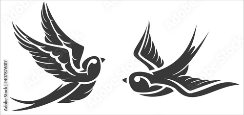 Cartoon flying monochrome swallow isolated on white background. Design bird in retro vintage style for old school tattoo, label, poster. Vector illustration.