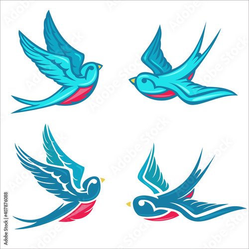 Cartoon flying color swallow isolated on white background. Design bird in retro vintage style for old school tattoo, label, poster. Vector illustration.