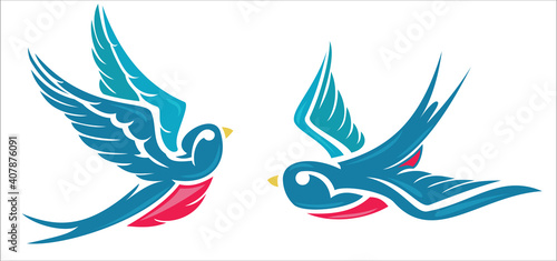 Cartoon flying color swallow isolated on white background. Design bird in retro vintage style for old school tattoo, label, poster. Vector illustration.