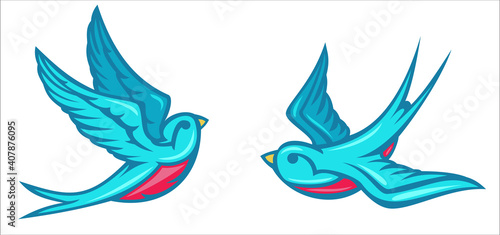 Cartoon flying color swallow isolated on white background. Design bird in retro vintage style for old school tattoo, label, poster. Vector illustration.