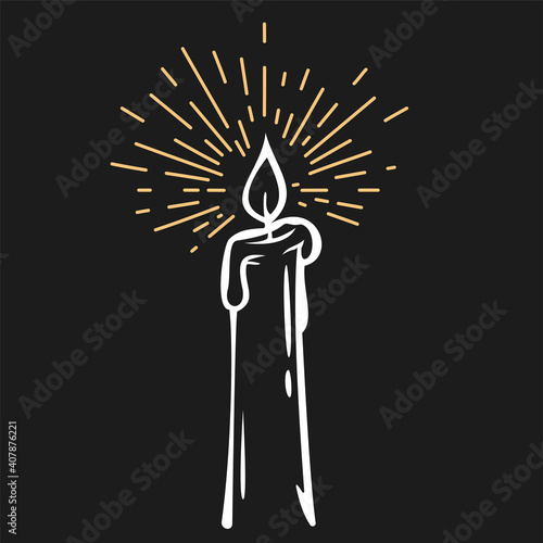 Hand drawn burning candles with rays in doodle sketch style isolated on black background. Cartoon vector illustration.