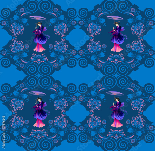 Seamless pattern consisting of a stylized image of a Japanese girl, flowers, leaves and lines. Image of a geisha. Vector graphics