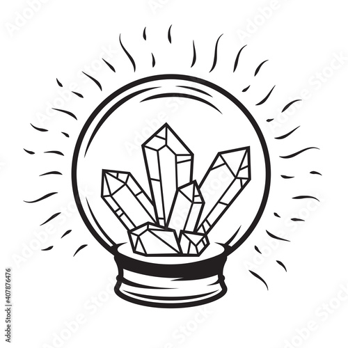 Hand drawn concept composition with magic ball and crystals in vintage cartoon style. Modern design for print, cover, card. Vector illustration.