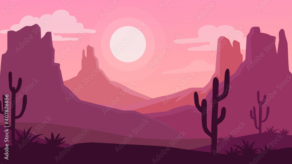 Landscape with desert and cactus. Sunset on a background of a mountain landscape.. Vector illustration - obrazy, fototapety, plakaty 