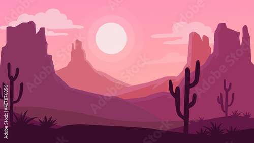 Landscape with desert and cactus. Sunset on a background of a mountain landscape.. Vector illustration