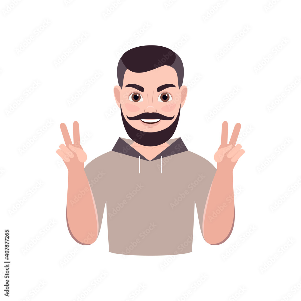 smiling man shows a victory sign. vector illustration. smiling man shows a victory sign. vector illustration.