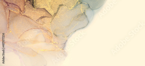 Art Abstract brown and gold glitter color horizontal background. Marble texture. Alcohol ink.