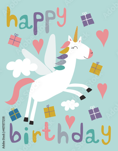 Set of unicorn with gifts, clouds, and happy birthday.