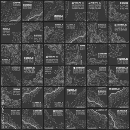Grey contours vector topography. Geographic mountain topography vector illustration. Topographic pattern texture. Map on land vector terrain. Elevation graphic contour height lines. Vector Set.