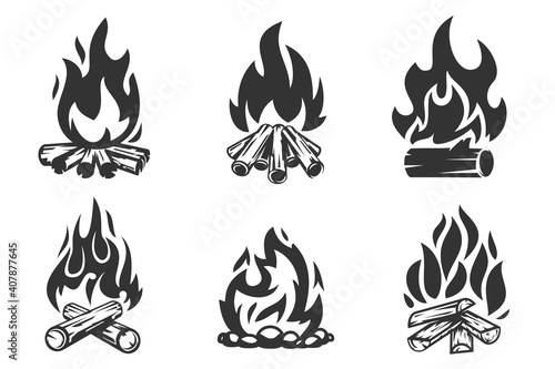 Collection of cartoon campfire in flat minimalistic style isolated on white background. Design element for icon, logo, badge, branding. Vector hand drawn illustration. photo