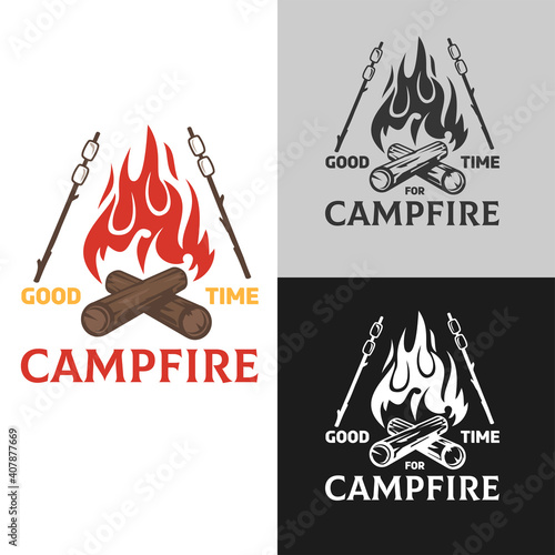 Cartoon composition with campfire in flat minimalistic style isolated on white background. Concept vintage design for branding print, logo, badge, . Vector hand drawn illustration.