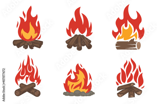 Collection of cartoon campfire in flat minimalistic style isolated on white background. Design element for icon, logo, badge, branding. Vector hand drawn illustration.