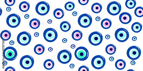 Blue evil eyes, seamless pattern, white background, vector drawing wide 