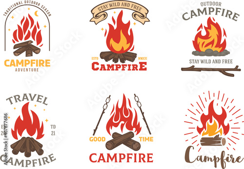 Set of cartoon composition with campfire in flat minimalistic style isolated on white background. Concept vintage design for branding print, logo, badge, . Vector hand drawn illustration.
