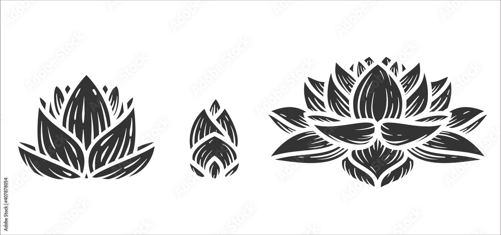 Set of silhouette lotus flower in minimal geometric style isolated on white background. Abstract modern design element. Vector illustration.