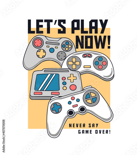 Vector joysticks gamepad illustrations with slogan texts, for t-shirt prints, posters and other uses.